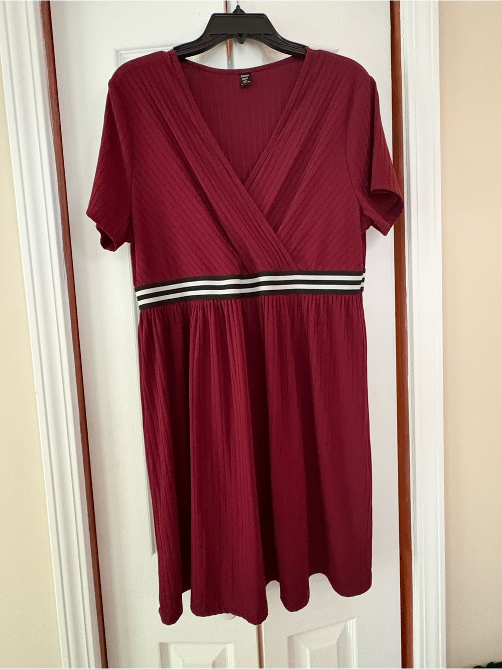 SHEIN Burgundy Midi Wrap Dress with Striped Waistband